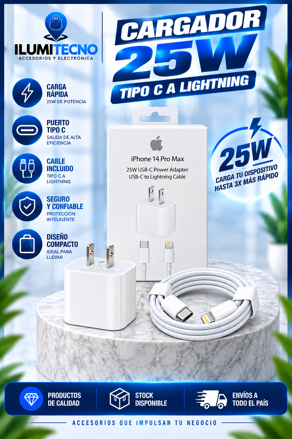 Combo Cargador 25w TipoC a Lightning