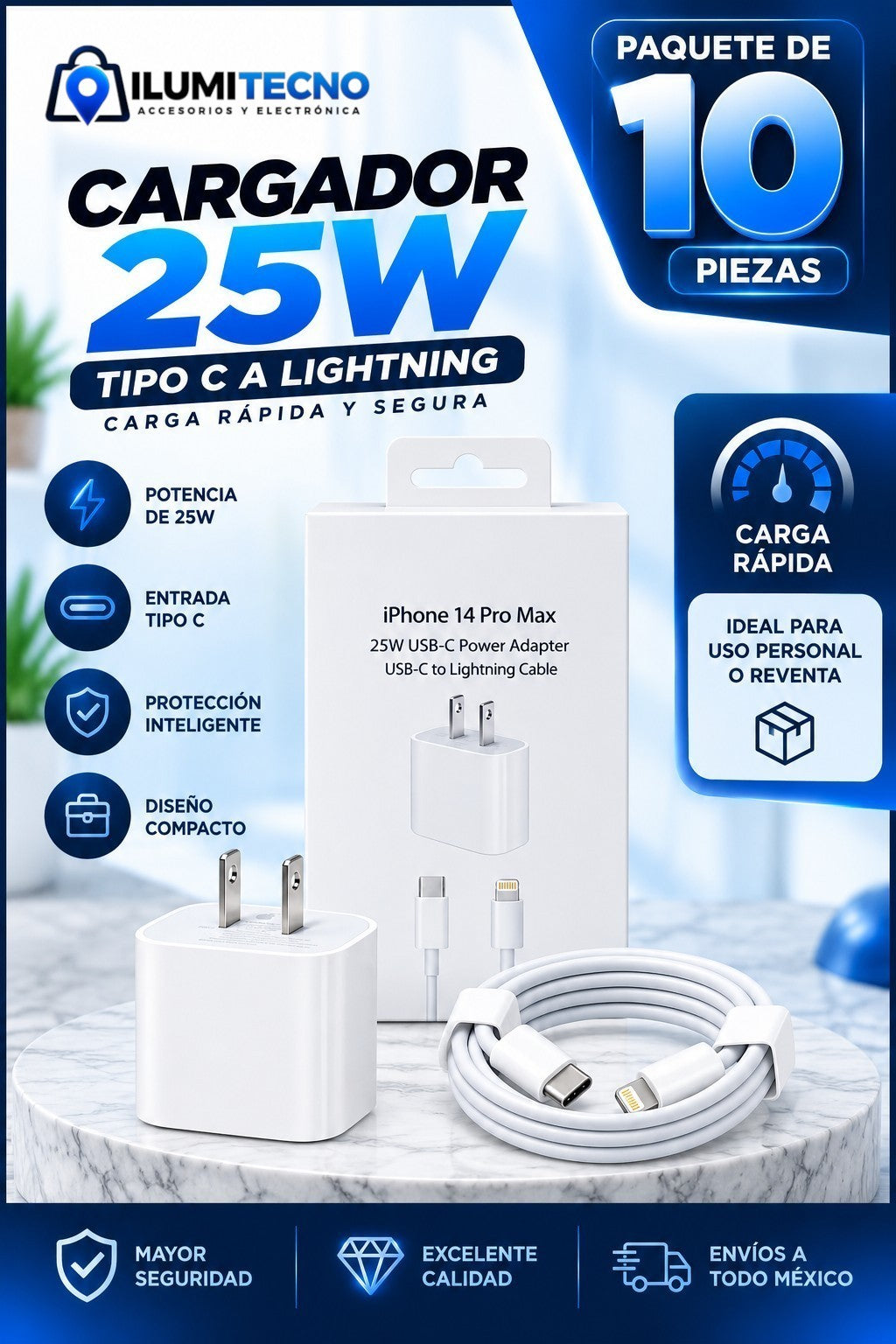 10 Cargadores 25w Tipo C a L