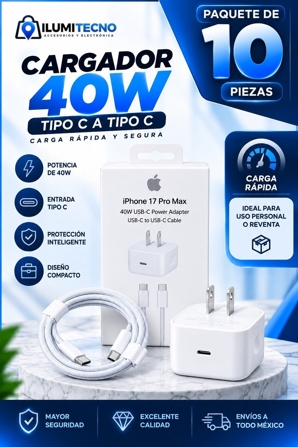 10 Cargadores 40w Tipo C a Tipo C