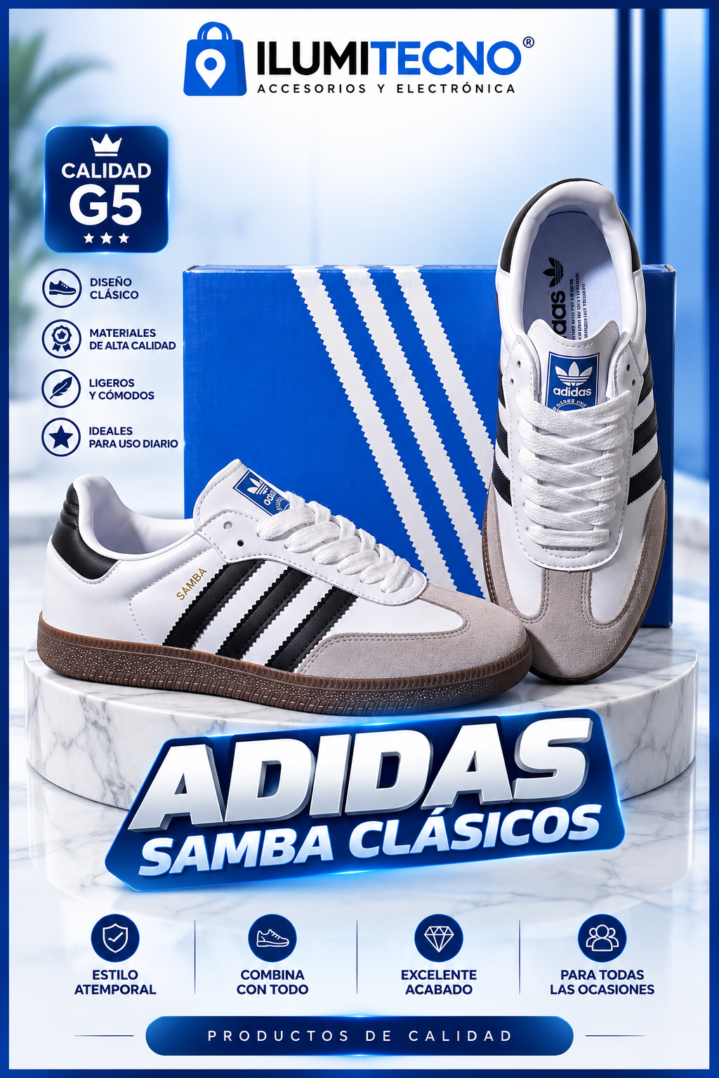 Adidas Samba Clásico Blanco Con Negro Importado